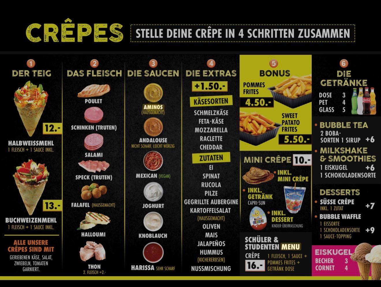 Tafel im Laden: Crêpes in vier Schritten zusammenstellen — Teig, Fleisch, Saucen, Extras, Bonus und Getränke