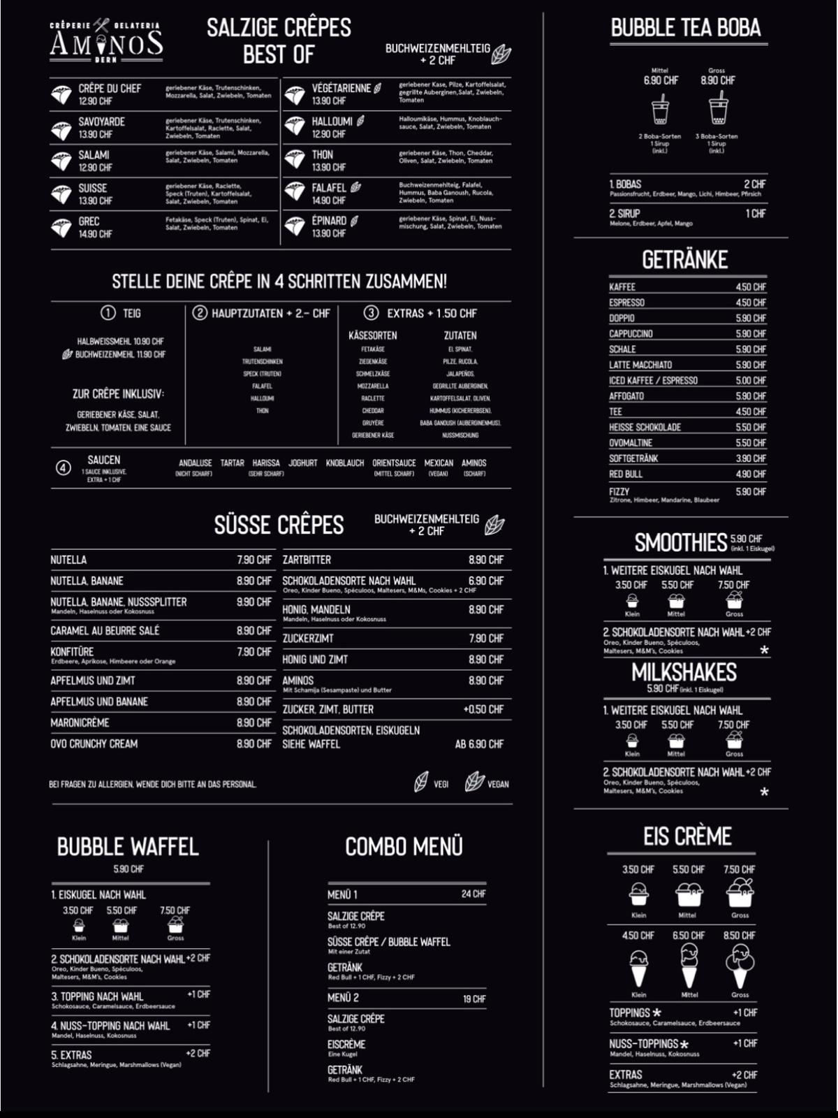 Die ganze Aminos-Karte: salzige und süsse Crêpes, Bubble Waffel, Combo Menü, Bubble Tea, Getränke, Smoothies, Milkshakes und Eis Crème